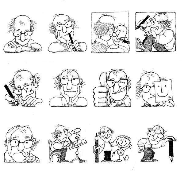 Una cuadrícula de 12 autorretratos del dibujante Quino